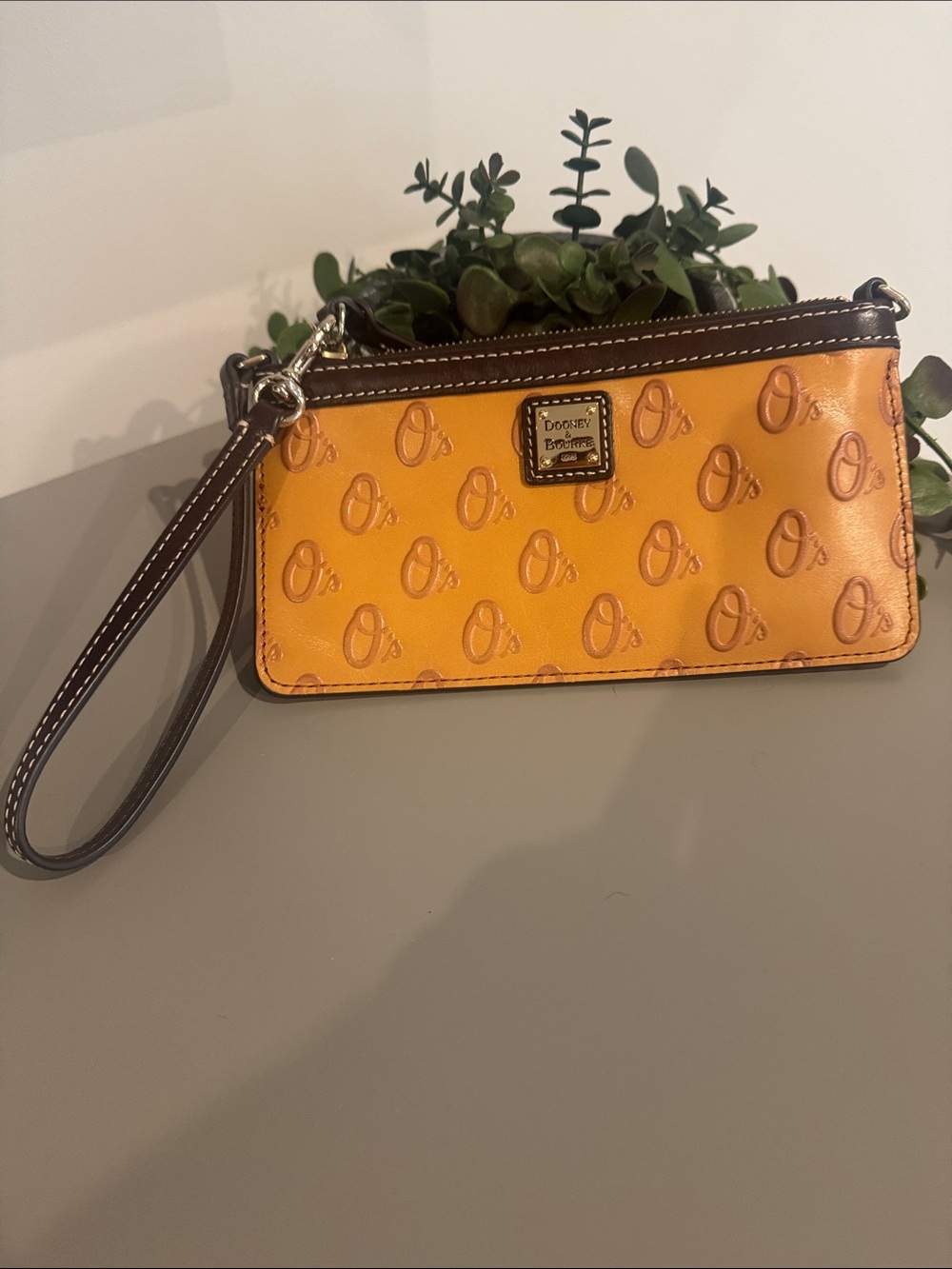 Dooney & Bourke Yellow and Brown Signature O Wristlet, Baltimore Orioles MLB
